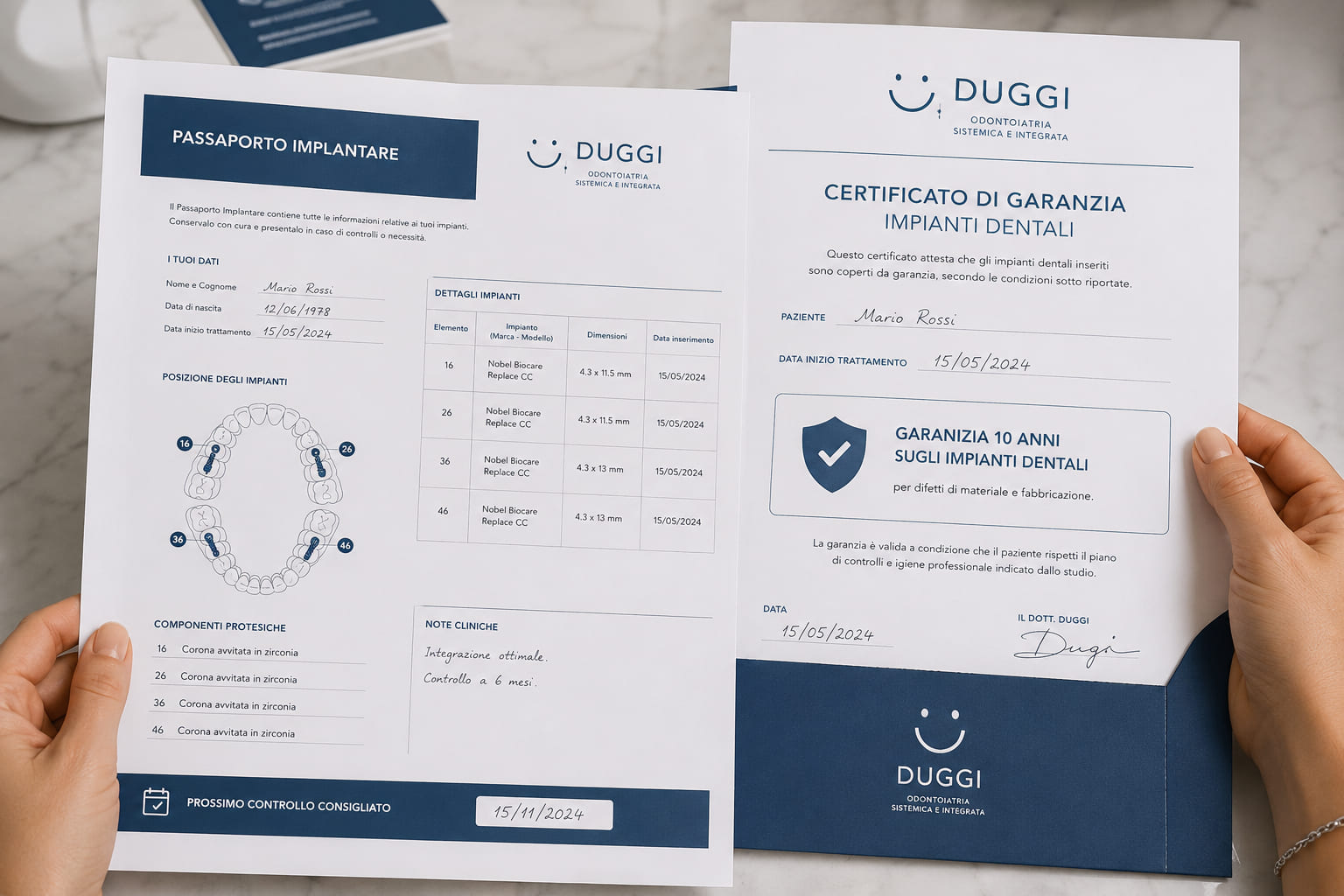 Il passaporto implantare compilato, in primo piano.
